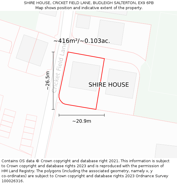 SHIRE HOUSE, CRICKET FIELD LANE, BUDLEIGH SALTERTON, EX9 6PB: Plot and title map