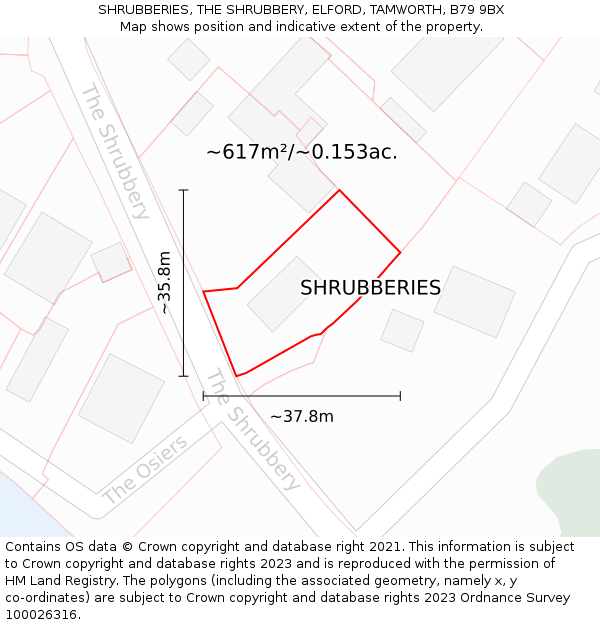 SHRUBBERIES, THE SHRUBBERY, ELFORD, TAMWORTH, B79 9BX: Plot and title map