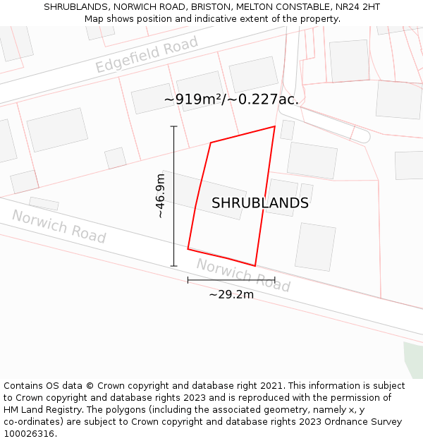 SHRUBLANDS, NORWICH ROAD, BRISTON, MELTON CONSTABLE, NR24 2HT: Plot and title map