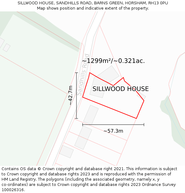 SILLWOOD HOUSE, SANDHILLS ROAD, BARNS GREEN, HORSHAM, RH13 0PU: Plot and title map