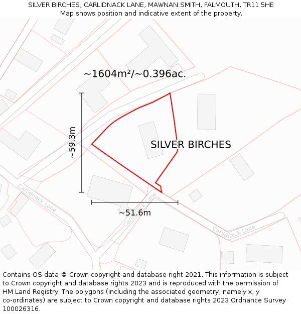 SILVER BIRCHES, CARLIDNACK LANE, MAWNAN SMITH, FALMOUTH, TR11 5HE: Plot and title map