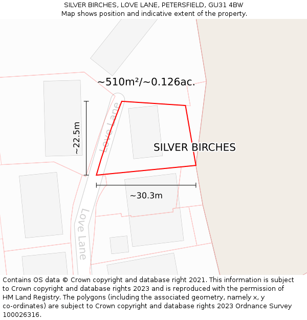 SILVER BIRCHES, LOVE LANE, PETERSFIELD, GU31 4BW: Plot and title map