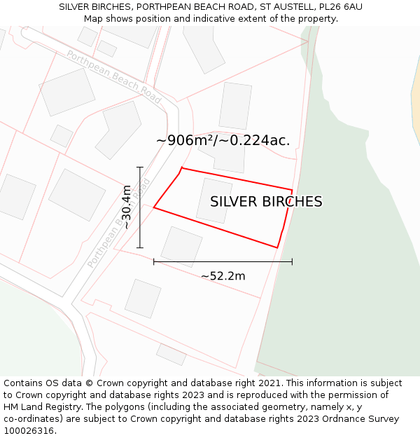 SILVER BIRCHES, PORTHPEAN BEACH ROAD, ST AUSTELL, PL26 6AU: Plot and title map