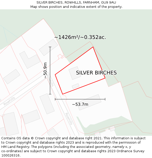 SILVER BIRCHES, ROWHILLS, FARNHAM, GU9 9AU: Plot and title map