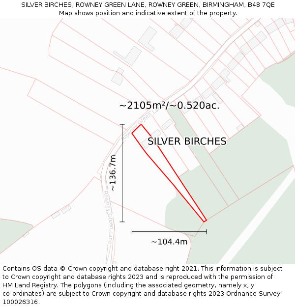 SILVER BIRCHES, ROWNEY GREEN LANE, ROWNEY GREEN, BIRMINGHAM, B48 7QE: Plot and title map