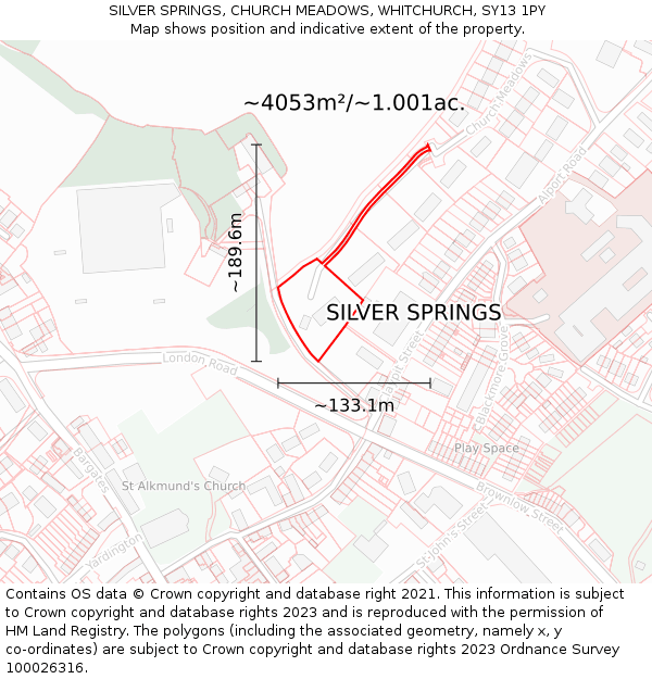 SILVER SPRINGS, CHURCH MEADOWS, WHITCHURCH, SY13 1PY: Plot and title map