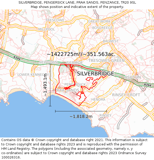 SILVERBRIDGE, PENGERSICK LANE, PRAA SANDS, PENZANCE, TR20 9SL: Plot and title map