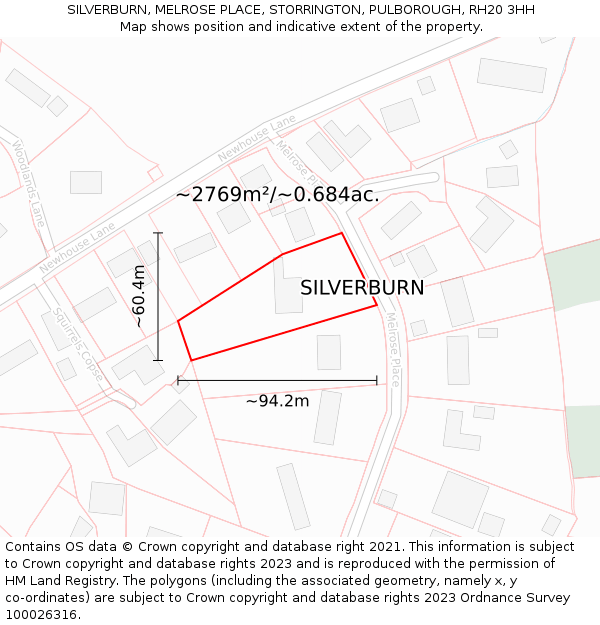 SILVERBURN, MELROSE PLACE, STORRINGTON, PULBOROUGH, RH20 3HH: Plot and title map