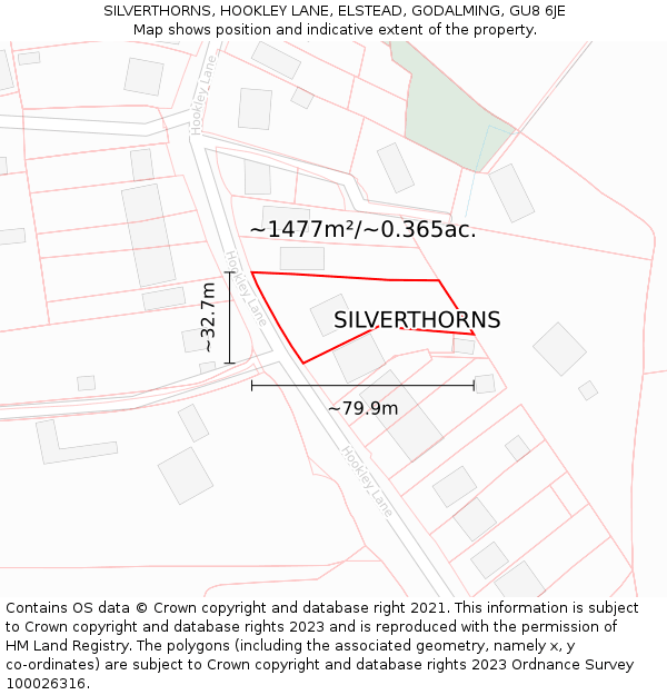 SILVERTHORNS, HOOKLEY LANE, ELSTEAD, GODALMING, GU8 6JE: Plot and title map