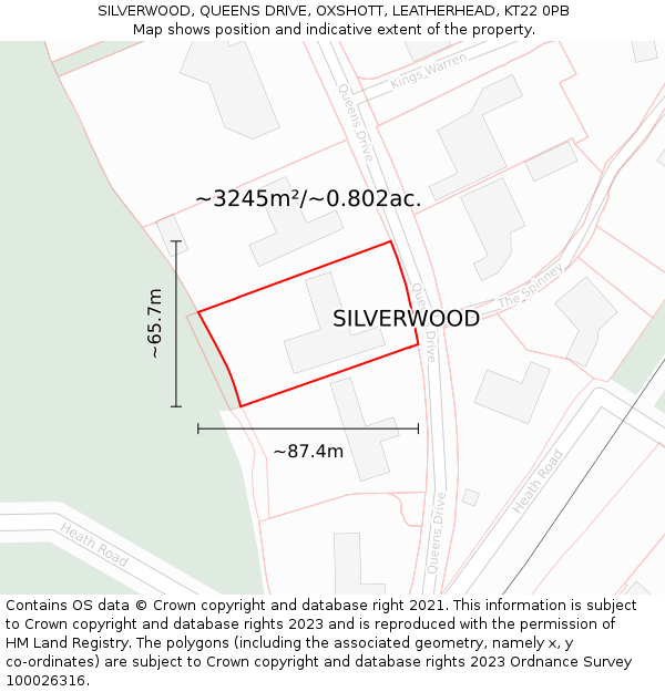 SILVERWOOD, QUEENS DRIVE, OXSHOTT, LEATHERHEAD, KT22 0PB: Plot and title map