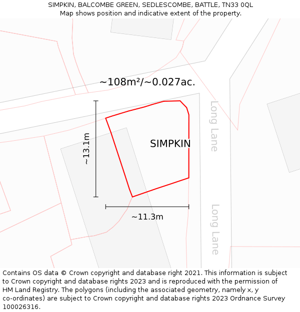 SIMPKIN, BALCOMBE GREEN, SEDLESCOMBE, BATTLE, TN33 0QL: Plot and title map