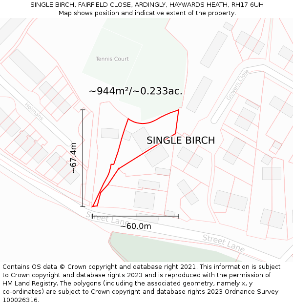 SINGLE BIRCH, FAIRFIELD CLOSE, ARDINGLY, HAYWARDS HEATH, RH17 6UH: Plot and title map