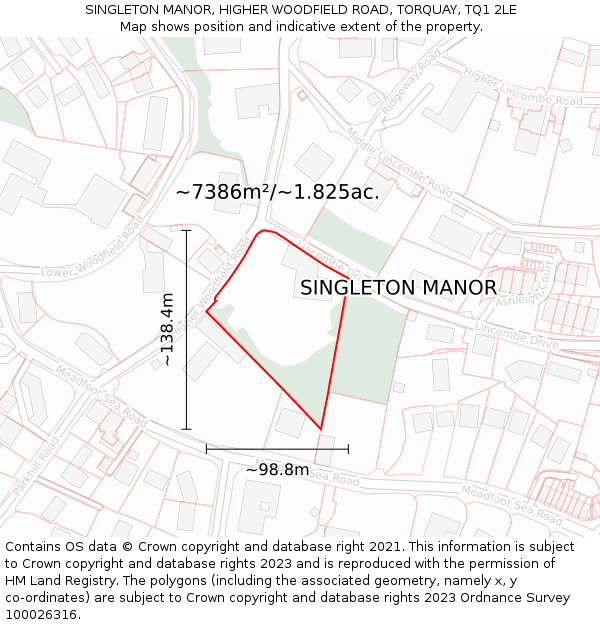 SINGLETON MANOR, HIGHER WOODFIELD ROAD, TORQUAY, TQ1 2LE: Plot and title map