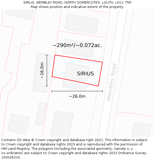 SIRIUS, WEMBLEY ROAD, NORTH SOMERCOTES, LOUTH, LN11 7NP: Plot and title map