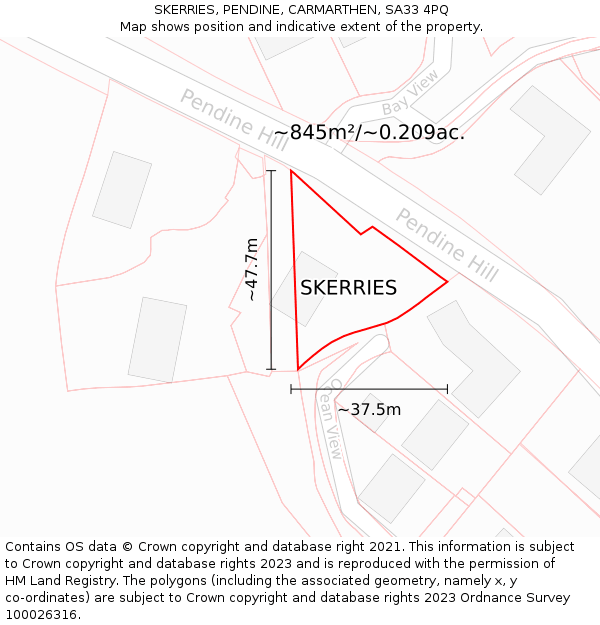 SKERRIES, PENDINE, CARMARTHEN, SA33 4PQ: Plot and title map