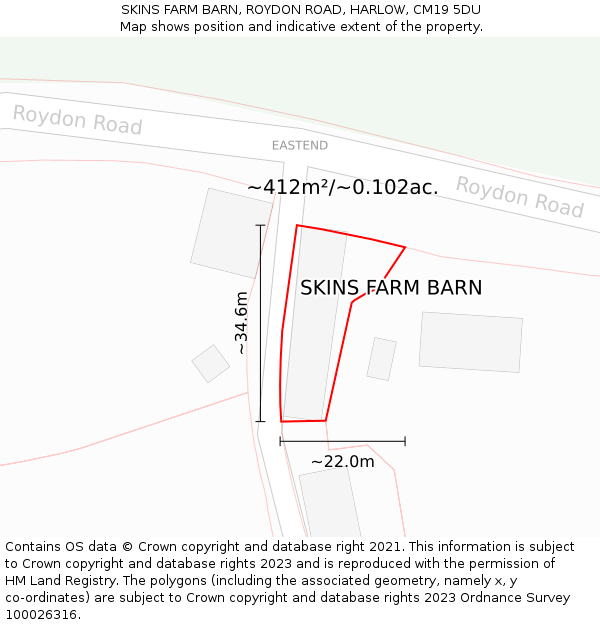 SKINS FARM BARN, ROYDON ROAD, HARLOW, CM19 5DU: Plot and title map