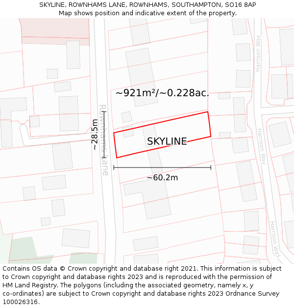 SKYLINE, ROWNHAMS LANE, ROWNHAMS, SOUTHAMPTON, SO16 8AP: Plot and title map