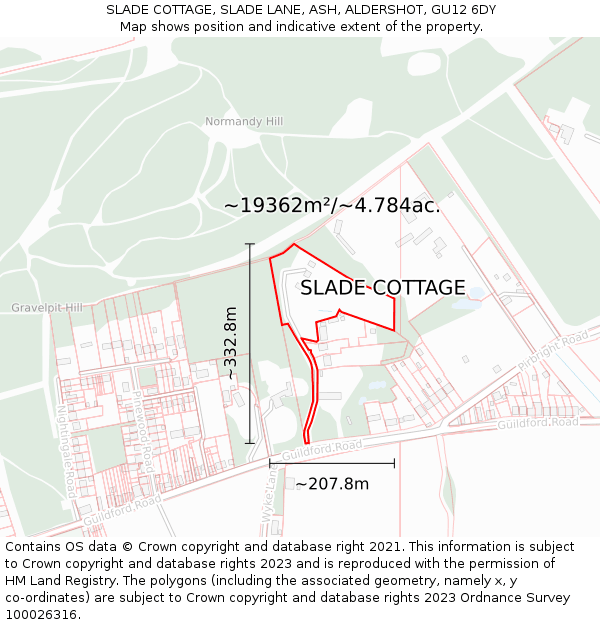 SLADE COTTAGE, SLADE LANE, ASH, ALDERSHOT, GU12 6DY: Plot and title map