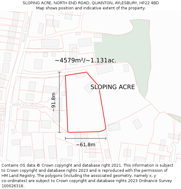 SLOPING ACRE, NORTH END ROAD, QUAINTON, AYLESBURY, HP22 4BD: Plot and title map
