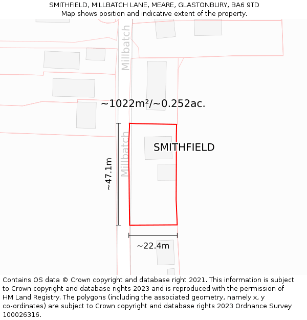 SMITHFIELD, MILLBATCH LANE, MEARE, GLASTONBURY, BA6 9TD: Plot and title map