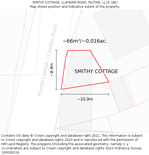 SMITHY COTTAGE, LLANFAIR ROAD, RUTHIN, LL15 1BU: Plot and title map