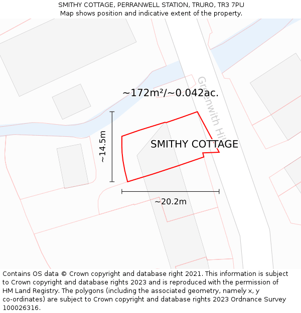 SMITHY COTTAGE, PERRANWELL STATION, TRURO, TR3 7PU: Plot and title map