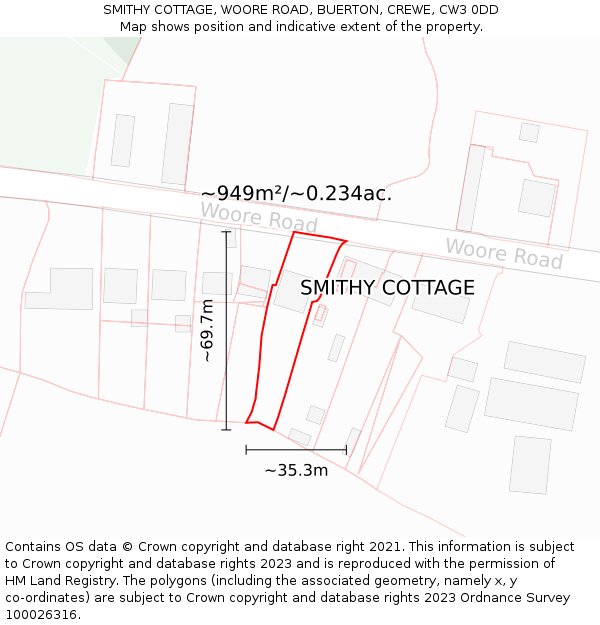 SMITHY COTTAGE, WOORE ROAD, BUERTON, CREWE, CW3 0DD: Plot and title map