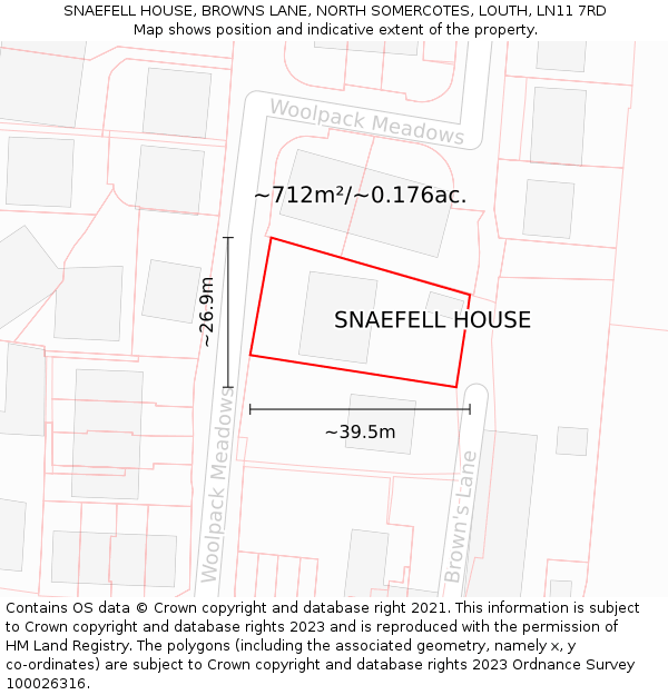 SNAEFELL HOUSE, BROWNS LANE, NORTH SOMERCOTES, LOUTH, LN11 7RD: Plot and title map