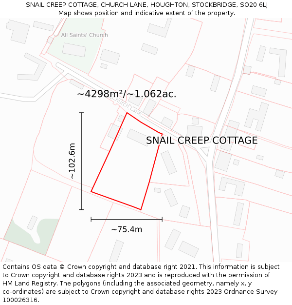 SNAIL CREEP COTTAGE, CHURCH LANE, HOUGHTON, STOCKBRIDGE, SO20 6LJ: Plot and title map