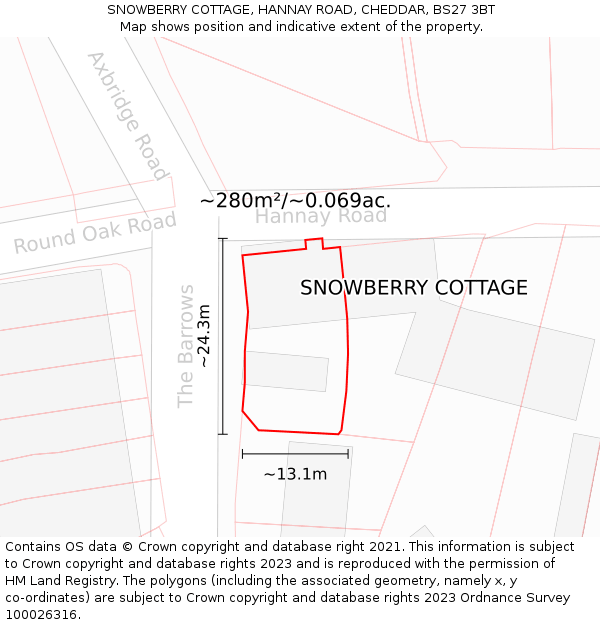SNOWBERRY COTTAGE, HANNAY ROAD, CHEDDAR, BS27 3BT: Plot and title map