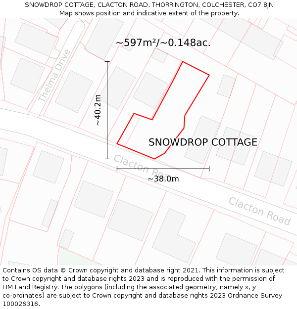 SNOWDROP COTTAGE, CLACTON ROAD, THORRINGTON, COLCHESTER, CO7 8JN: Plot and title map