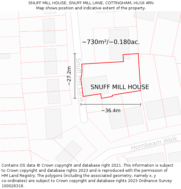 SNUFF MILL HOUSE, SNUFF MILL LANE, COTTINGHAM, HU16 4RN: Plot and title map