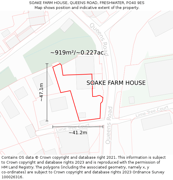 SOAKE FARM HOUSE, QUEENS ROAD, FRESHWATER, PO40 9ES: Plot and title map