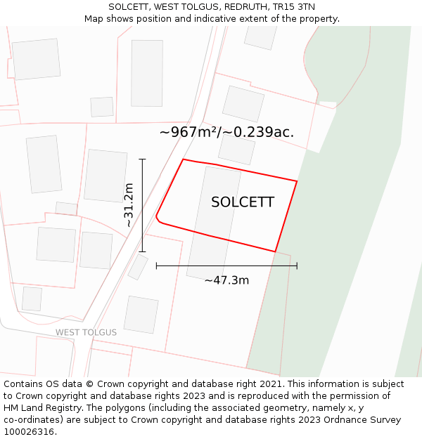 SOLCETT, WEST TOLGUS, REDRUTH, TR15 3TN: Plot and title map