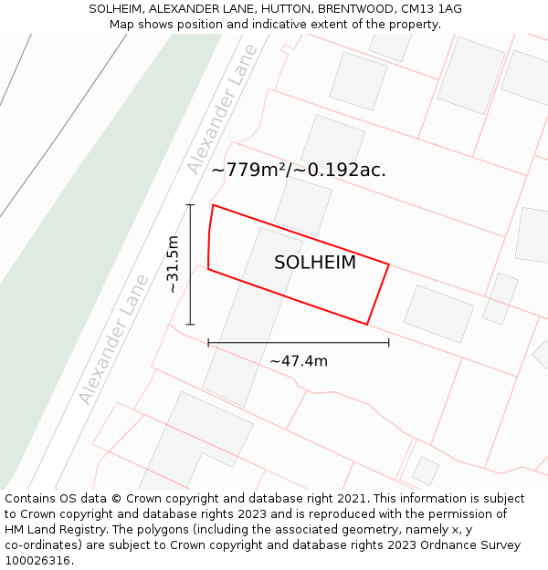 SOLHEIM, ALEXANDER LANE, HUTTON, BRENTWOOD, CM13 1AG: Plot and title map