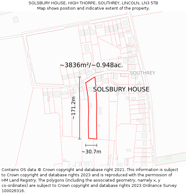 SOLSBURY HOUSE, HIGH THORPE, SOUTHREY, LINCOLN, LN3 5TB: Plot and title map