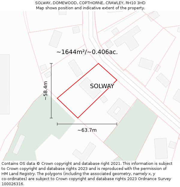 SOLWAY, DOMEWOOD, COPTHORNE, CRAWLEY, RH10 3HD: Plot and title map