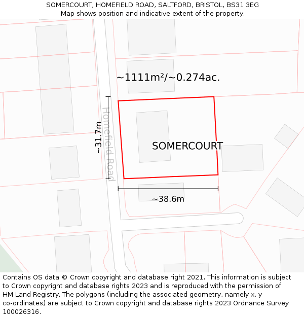 SOMERCOURT, HOMEFIELD ROAD, SALTFORD, BRISTOL, BS31 3EG: Plot and title map