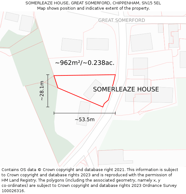 SOMERLEAZE HOUSE, GREAT SOMERFORD, CHIPPENHAM, SN15 5EL: Plot and title map