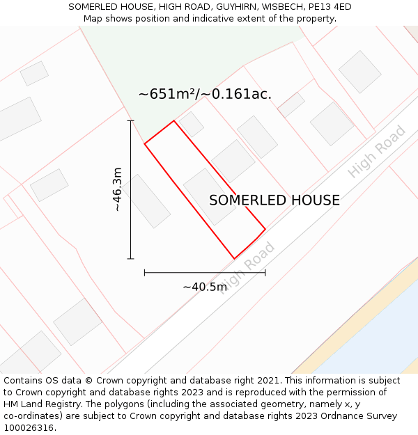 SOMERLED HOUSE, HIGH ROAD, GUYHIRN, WISBECH, PE13 4ED: Plot and title map