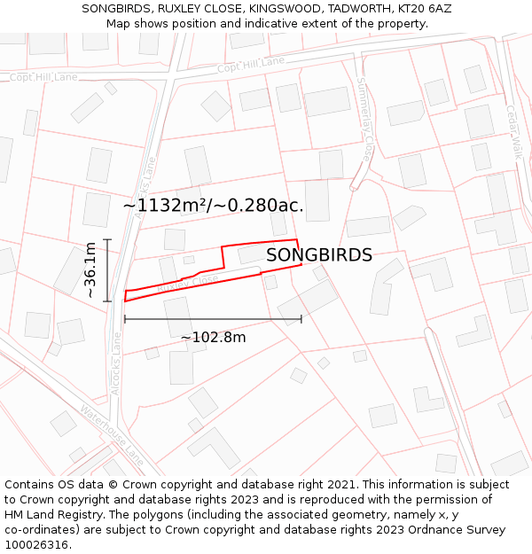 SONGBIRDS, RUXLEY CLOSE, KINGSWOOD, TADWORTH, KT20 6AZ: Plot and title map
