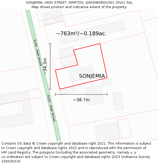 SONJEMIA, HIGH STREET, MARTON, GAINSBOROUGH, DN21 5AL: Plot and title map