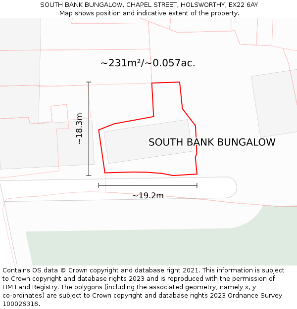 SOUTH BANK BUNGALOW, CHAPEL STREET, HOLSWORTHY, EX22 6AY: Plot and title map