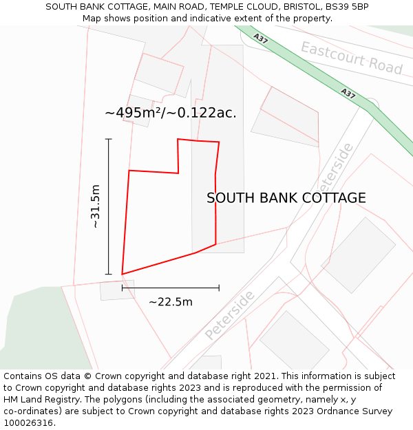 SOUTH BANK COTTAGE, MAIN ROAD, TEMPLE CLOUD, BRISTOL, BS39 5BP: Plot and title map