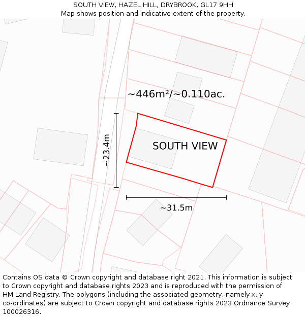 SOUTH VIEW, HAZEL HILL, DRYBROOK, GL17 9HH: Plot and title map