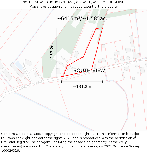 SOUTH VIEW, LANGHORNS LANE, OUTWELL, WISBECH, PE14 8SH: Plot and title map