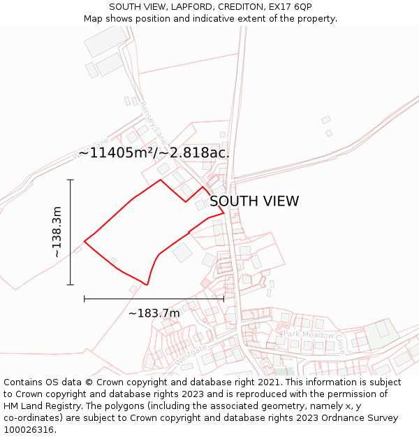 SOUTH VIEW, LAPFORD, CREDITON, EX17 6QP: Plot and title map