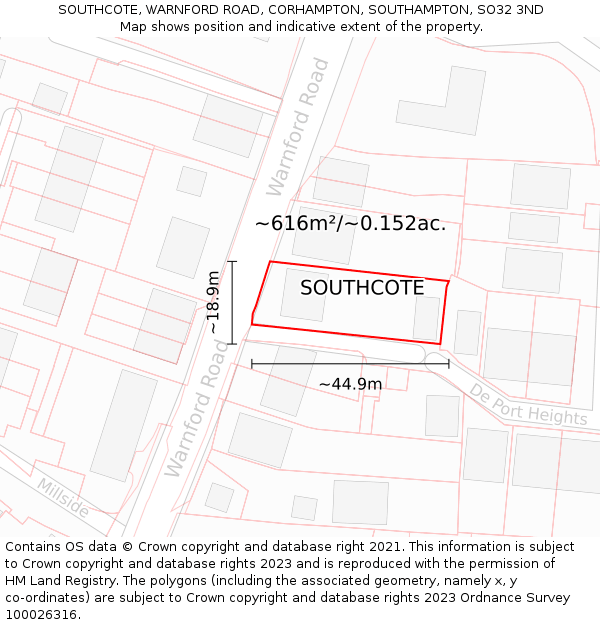 SOUTHCOTE, WARNFORD ROAD, CORHAMPTON, SOUTHAMPTON, SO32 3ND: Plot and title map