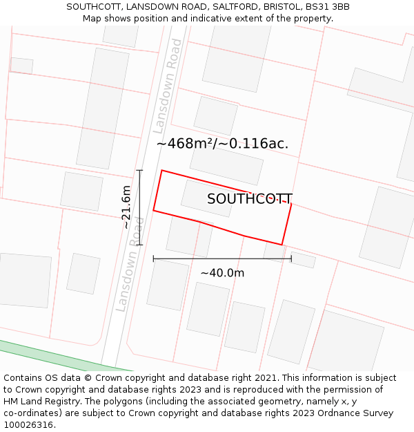 SOUTHCOTT, LANSDOWN ROAD, SALTFORD, BRISTOL, BS31 3BB: Plot and title map