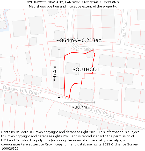 SOUTHCOTT, NEWLAND, LANDKEY, BARNSTAPLE, EX32 0ND: Plot and title map